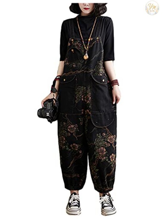 Denim - Women's Loose Baggy Denim Overalls, Drop Crotch Wide Leg Jumpsuit Harem Pants